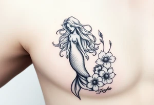 ethereal mermaid with flowing hair among coral and sea flowers tattoo idea