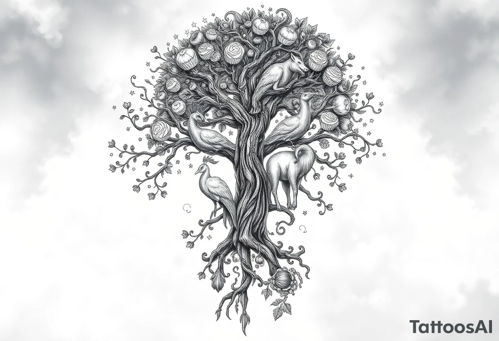 mystical tree  with cosmic  branches fat naked sexy woman , peacock , pig , cupcakes, sins,  Storm clouds, pig, peacock , fat sexy naked fat woman, cupcakes, noose , money, goat lion, man sex toys pussy dicks, cigerette storm lightening, killing, darkness death, violent majestic creatures and penis and vagina tattoo idea