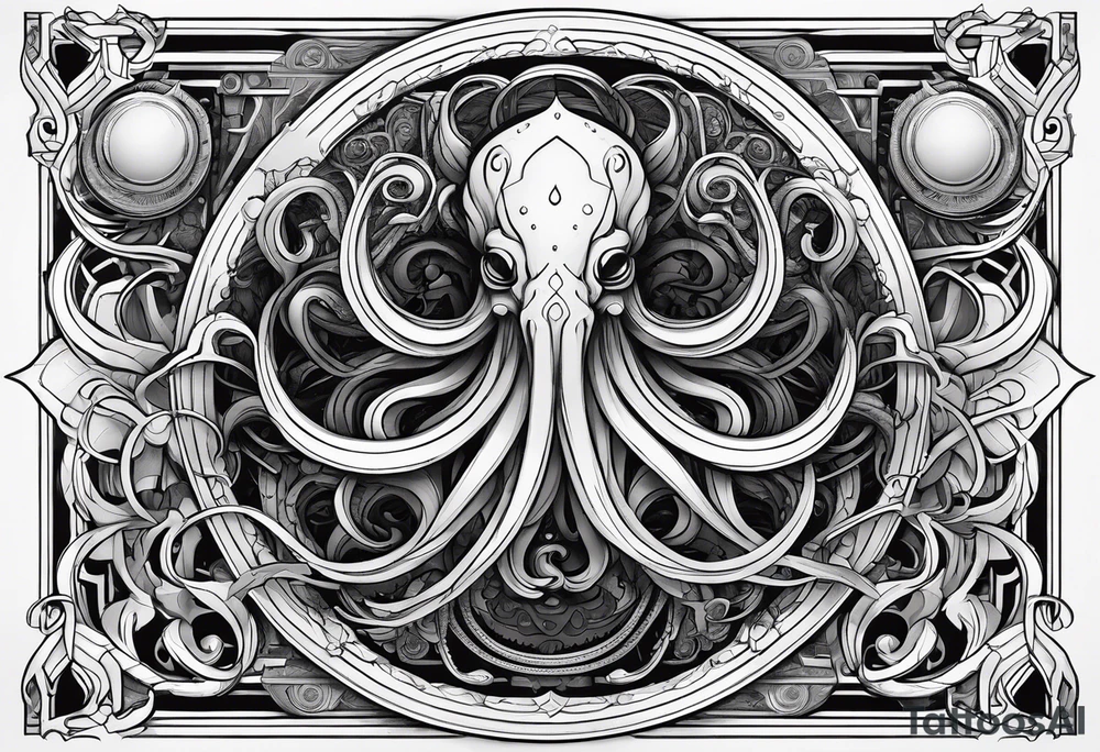 Lovecraftian creature, flowing into more futuristic technology elements. Long tentacles. Vertical long. tattoo idea