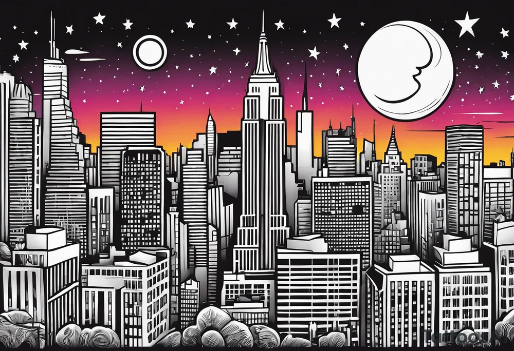 La ciudad de Nueva York con el Chrisler building y la luna como sfondo en estilo chicano tattoo idea