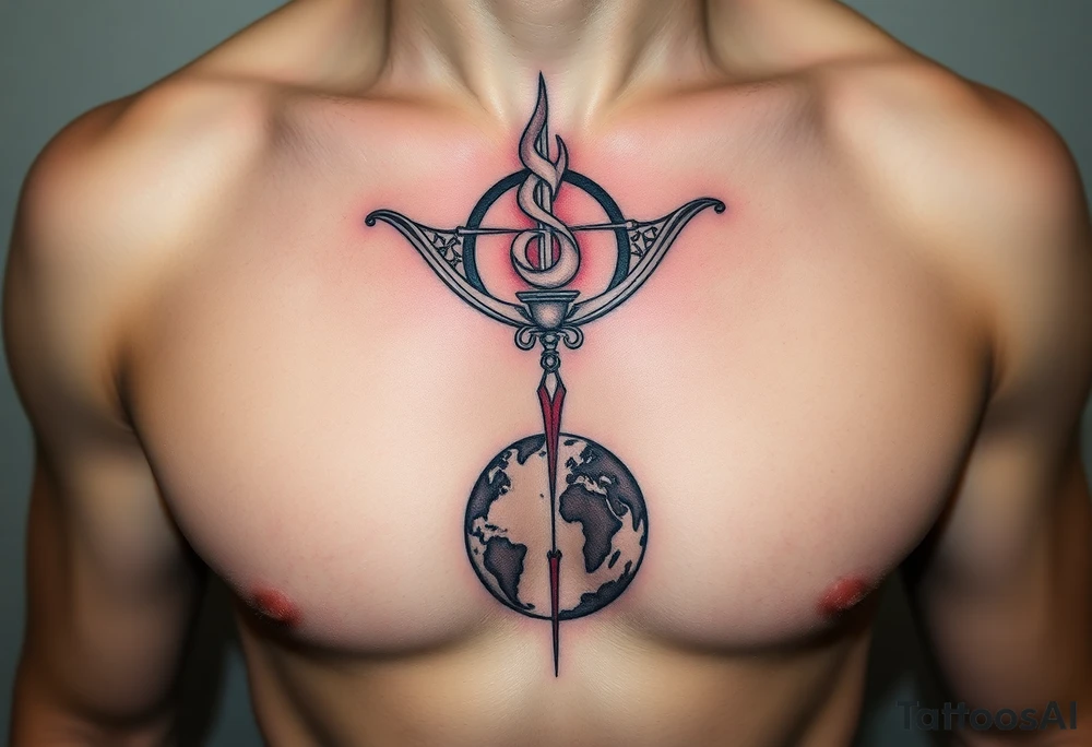 Jupiter Fire sign with bow hovering over the world tattoo idea