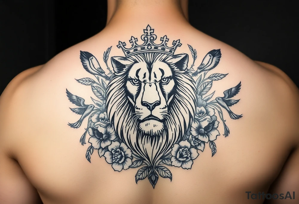 powerful majestic lion with a crown, surrounded by floral ornaments and birds tattoo idea