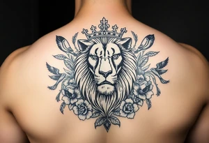 powerful majestic lion with a crown, surrounded by floral ornaments and birds tattoo idea