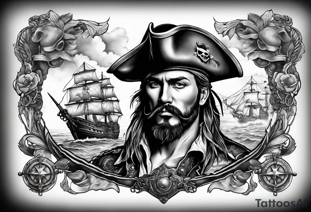 Chest tattoo that is about pirates ,captain ,treasure map tattoo idea