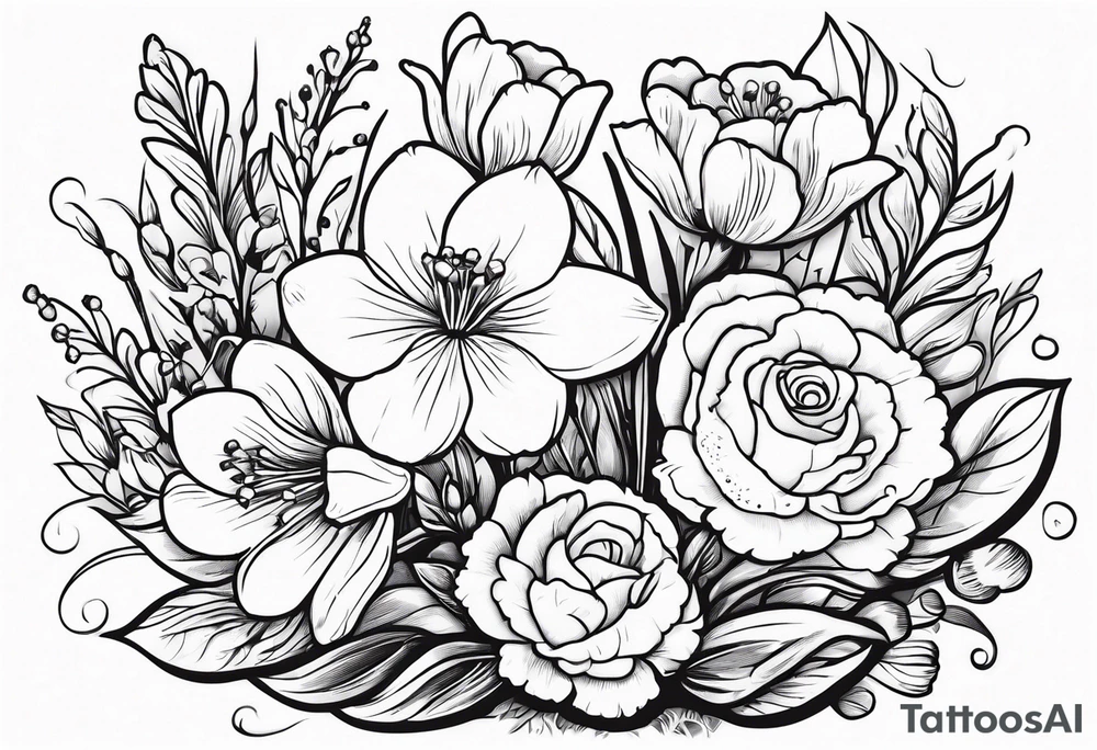 Bouquet 
with 1 snowdrop 2 carnations 1 rose 1 lily of the valley 1 daffodil 1 peony tattoo idea