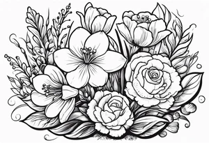 Bouquet 
with 1 snowdrop 2 carnations 1 rose 1 lily of the valley 1 daffodil 1 peony tattoo idea