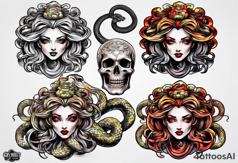 Neo traditional Medusa heads with snakes, pile of skulls tattoo idea
