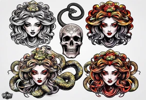 Neo traditional Medusa heads with snakes, pile of skulls tattoo idea