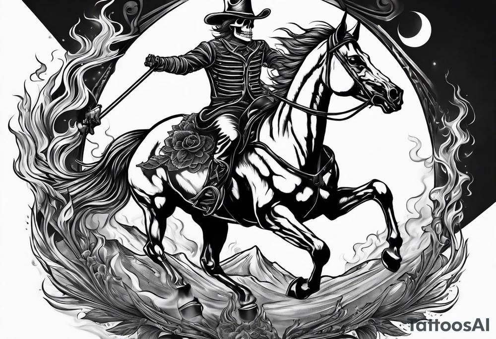 Skeleton riding a horse on fire tattoo idea
