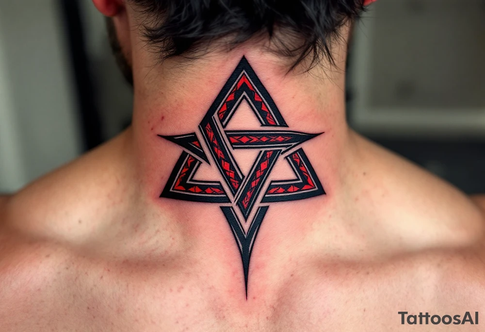 A bold tribal-style triquetra, filled with deep red and black patterns, creating a powerful and dynamic effect. tattoo idea