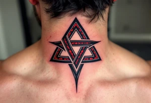 A bold tribal-style triquetra, filled with deep red and black patterns, creating a powerful and dynamic effect. tattoo idea