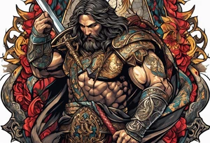 Almighty powerful Jesus in his indestructible armor and using his sword to cut off the three-head Serpent heads tattoo idea