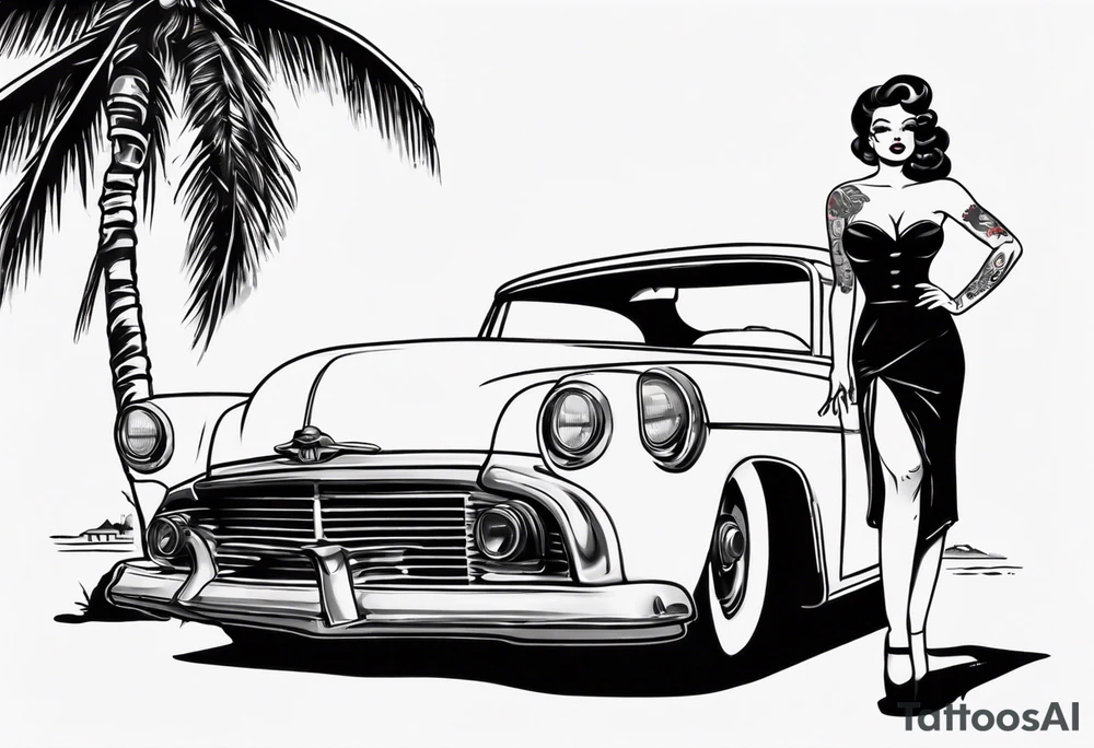 Pinup doll standing next to an old car along the beach tattoo idea