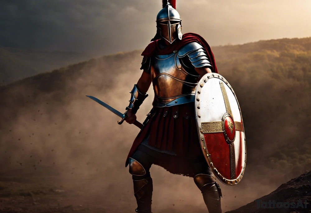 a high ranking roman soldier from AD 60, wearing armour which must include an armoured belt, breastplate, armoured shoes, shield, helmet and sword.
the soldier must look strong. the soldier is faceless. The image must include the full person, not just the top half. The soldier is mid-battle, fending off flaming arrows with his shield tattoo idea