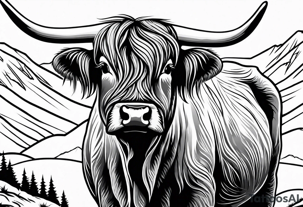 Highland cow with highland mountains tattoo idea