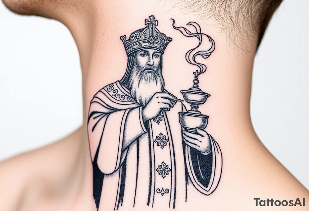 Russian Orthodox Priest in a fully detailed gold vestment swinging a censer with smoke curling upward tattoo idea