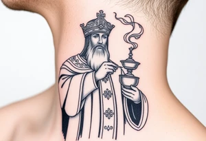 Russian Orthodox Priest in a fully detailed gold vestment swinging a censer with smoke curling upward tattoo idea