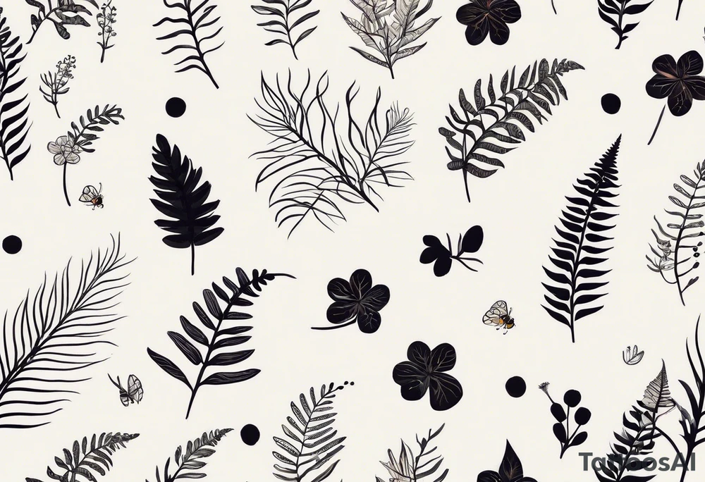 forest floor inspired minimalist tattoo, which includes grass, curly ferns, moss and dead leaves as the bulk of the tattoo. details to include: forest berries, a tiny bumblebee flying nearby, three small brown mushrooms
Generate a vertically long one tattoo idea