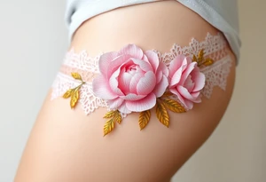 A soft peony lace garter tattoo with pastel pink petals, wrapping gently around the thigh with golden leaves for a soft, feminine touch tattoo idea