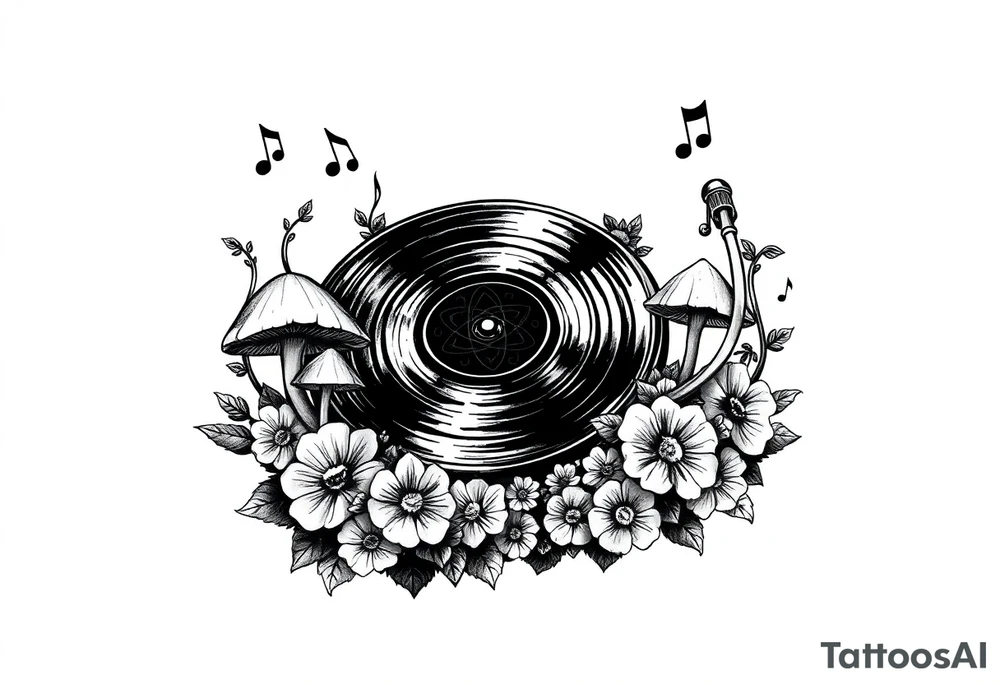 fun vinyl record player with mushrooms, flowers, and music notes around it tattoo idea