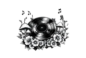 fun vinyl record player with mushrooms, flowers, and music notes around it tattoo idea