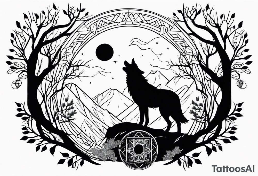 Wolf with moon, trees and owl tattoo idea