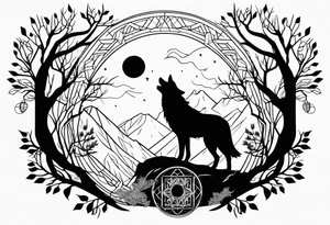 Wolf with moon, trees and owl tattoo idea
