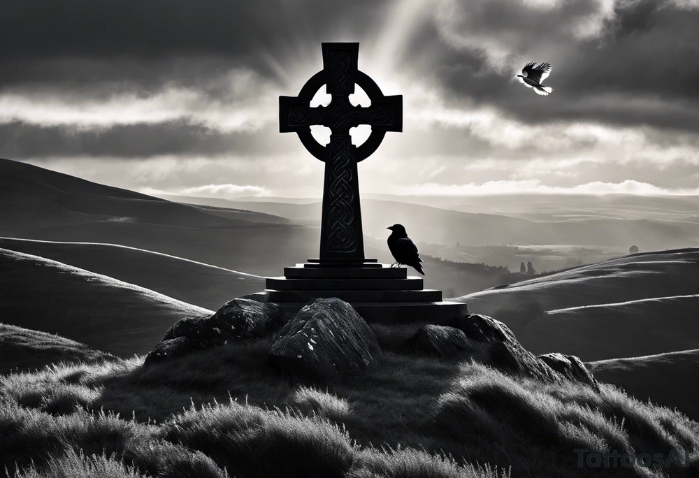 A monochromatic scene of a stone Celtic cross standing tall against a windswept hill. The intricate designs etched into the cross are starkly contrasted against its weathered, black surface. At the arm of the cross, a large raven perches elegantly, its ebony feathers seemingly absorbing the light. The bird's piercing eyes are fixed on something beyond the viewer's sight, lending an air of mystery to the already enigmatic monument. The surrounding landscape is desolate and barren, with the occasional tuft of brown grass struggling to survive the harsh elements. A veil of fog hovers just above the ground, adding to the eerie atmosphere and further isolating the cross from the world around it. The image evokes a sense of timelessness and the enduring strength of Celtic heritage, even in the face of the relentless march of time. tattoo idea
