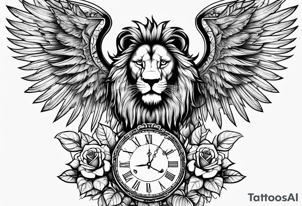 lion clock rose cross chain wing tattoo idea