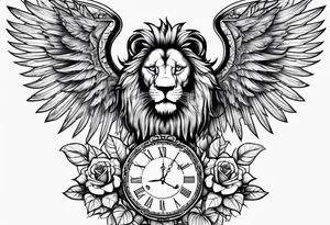 lion clock rose cross chain wing tattoo idea