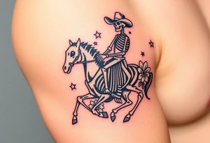 cowboy skeleton riding a skeleton horse, Fill with stars, dots, and flowers tattoo idea