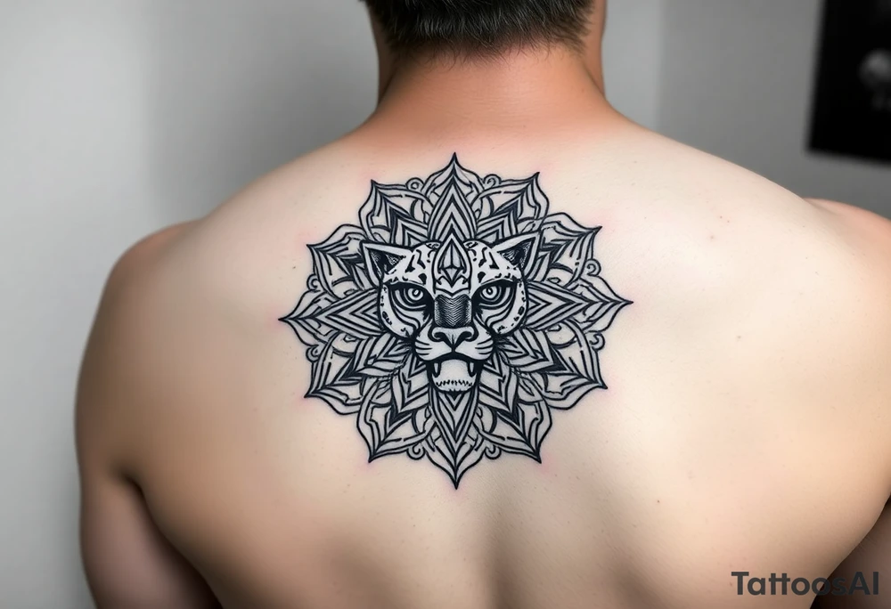 intricate mandala with a sacred panther with geometry and cosmic tattoo idea