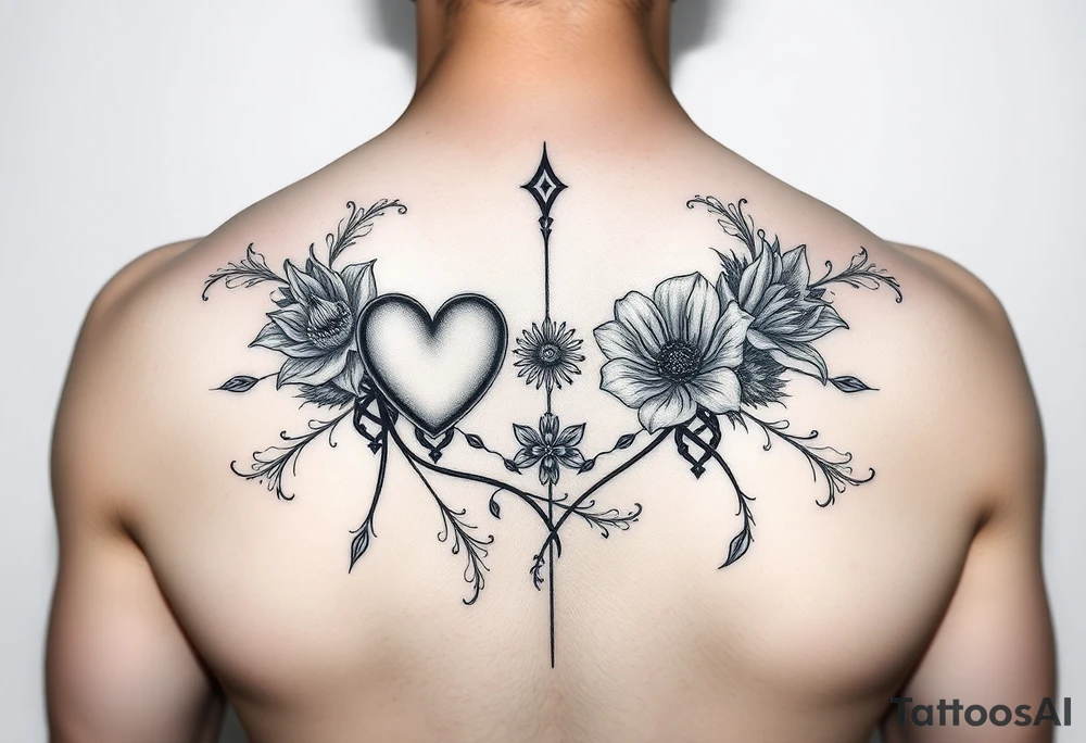 goth hearts and bleeding heart flowers and filigree with long lines tattoo idea