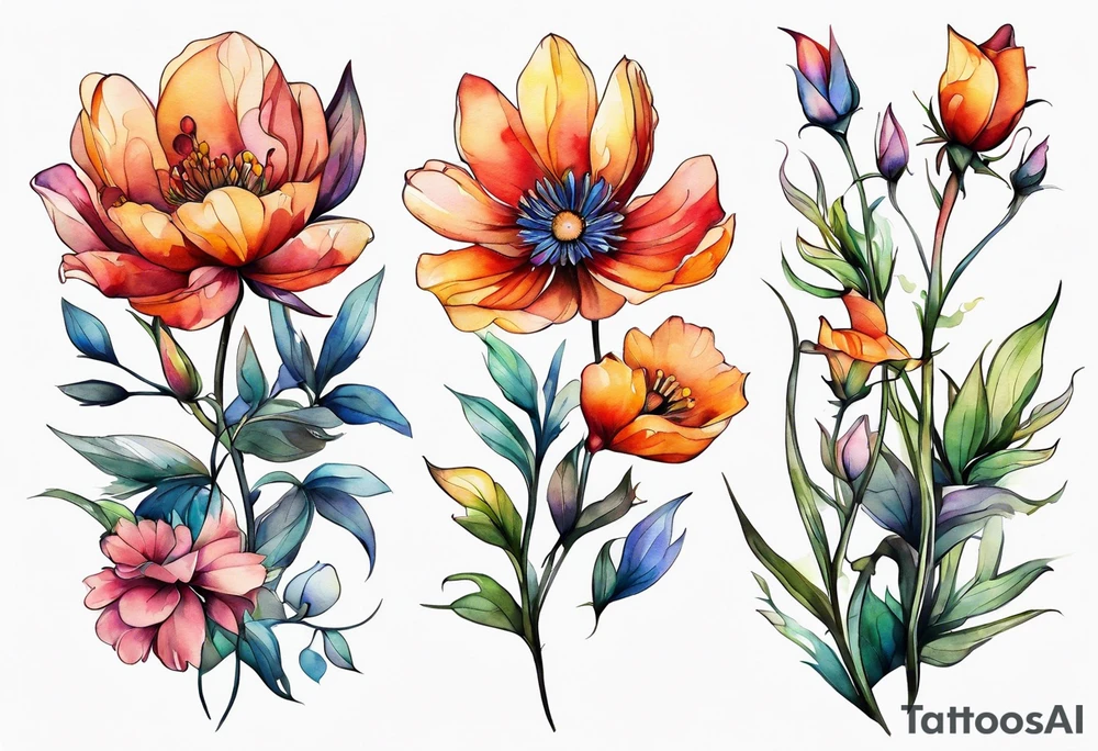 wild flowers long stems all watercolor tattoo idea