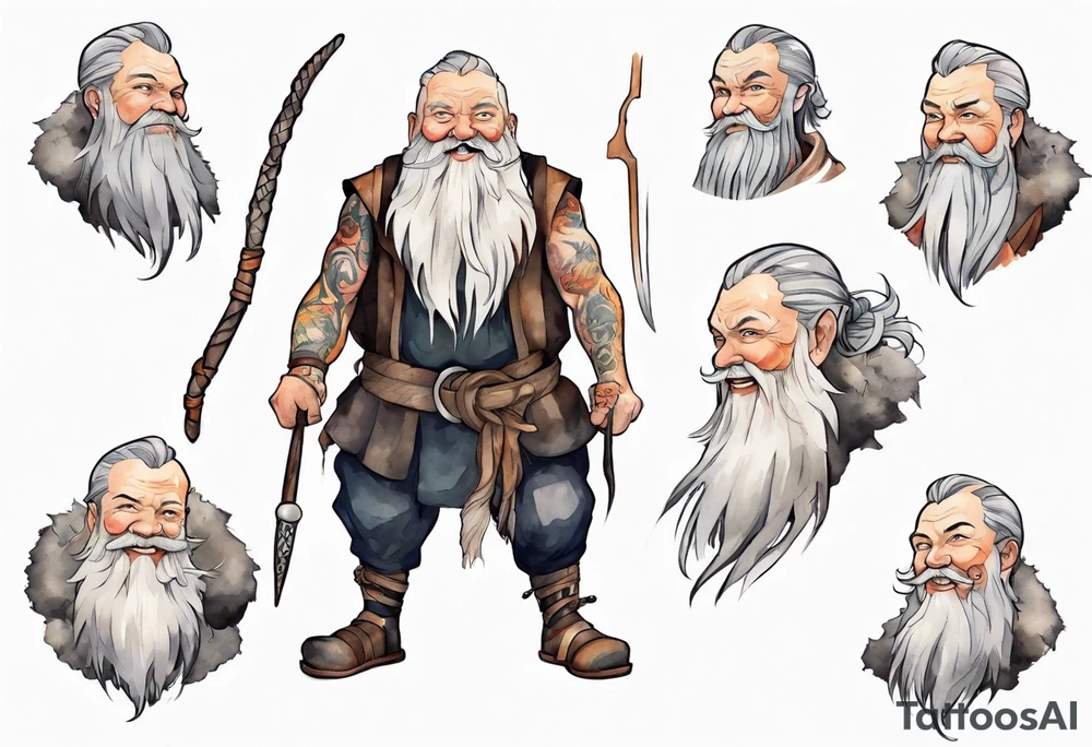 a large Norse man with a grey beard, smiling tattoo idea