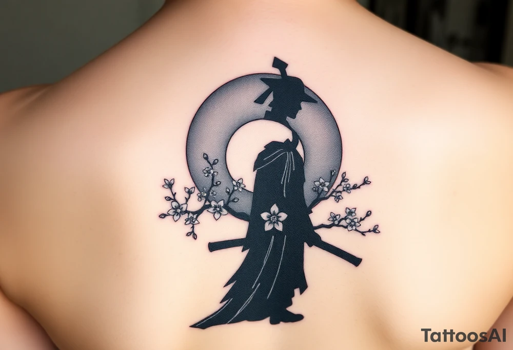 noble samurai warrior silhouette at sunset with cherry blossoms tattoo idea