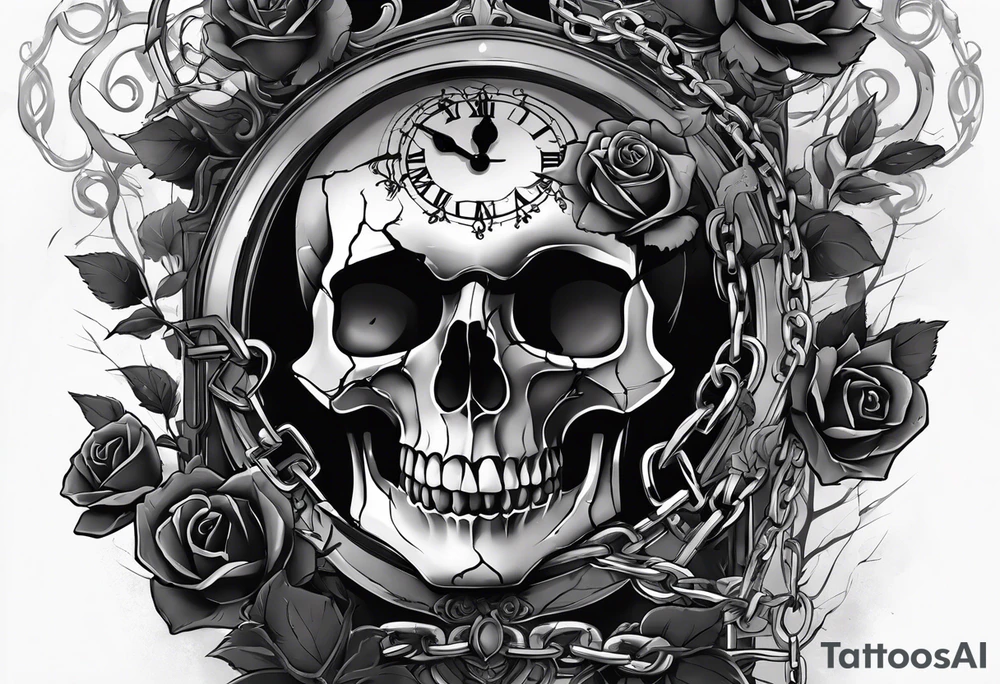 tattoo fool sleeve, tree roots break out of the chains at the bottom of the hand, broken mask, Clock with flying numbers, girl, skull, roses, less shadows tattoo idea