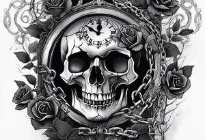 tattoo fool sleeve, tree roots break out of the chains at the bottom of the hand, broken mask, Clock with flying numbers, girl, skull, roses, less shadows tattoo idea