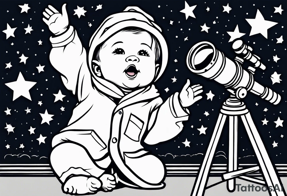 Small baby in a lab coat looking up at the stars through a telescope tattoo idea