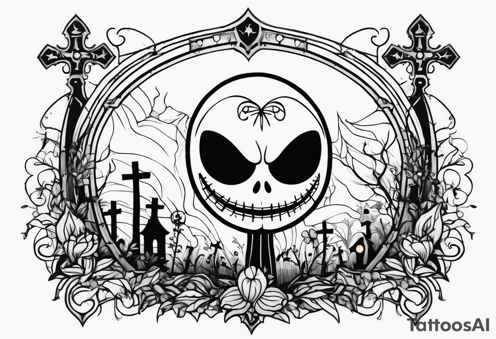 jack skellington face with little cemetery details on back tattoo idea