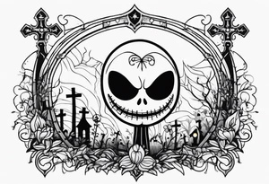 jack skellington face with little cemetery details on back tattoo idea