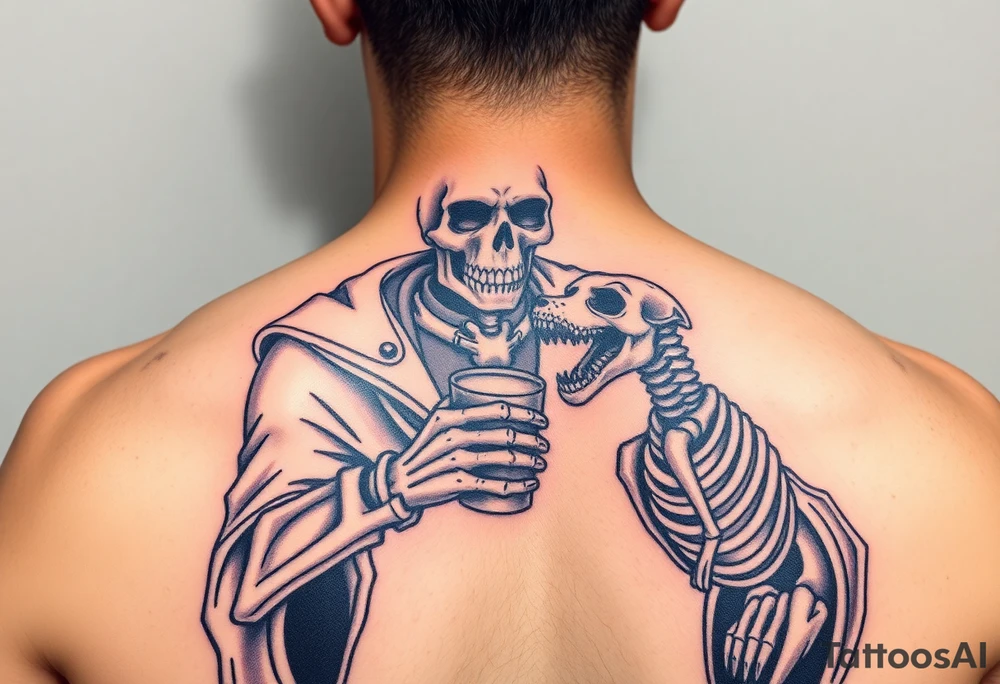 evil skeleton king in clothes having a good time getting drunk with skeleton dog tattoo idea