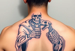 evil skeleton king in clothes having a good time getting drunk with skeleton dog tattoo idea