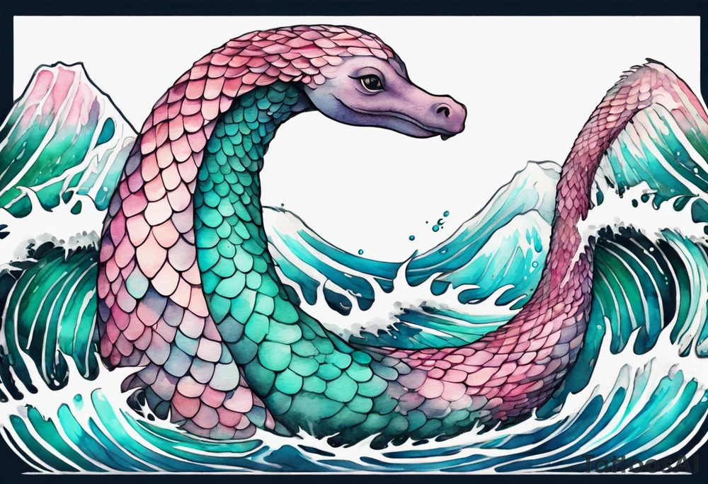 a beautiful Nessie with turquoise and pink scales emerging from the waves tattoo idea