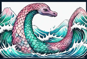 a beautiful Nessie with turquoise and pink scales emerging from the waves tattoo idea