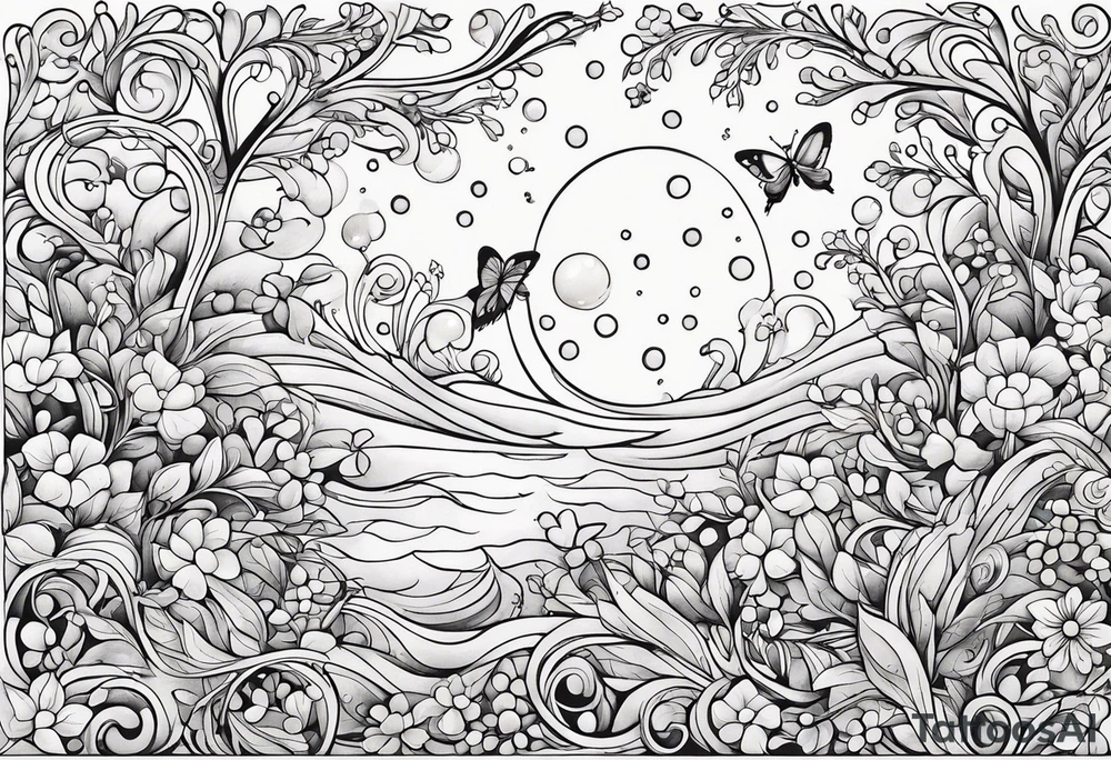 Winding branches and leaves and tiny flowers with a small moth and bubbles tattoo idea