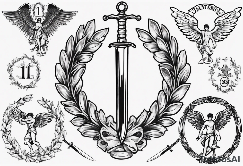 number 13, a laurel leaf wreath, and a sword going through the center of the wreath. Male angel 13 tattoo idea
