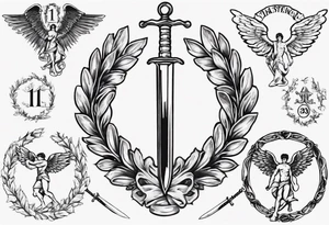 number 13, a laurel leaf wreath, and a sword going through the center of the wreath.  Male angel 13 tattoo idea