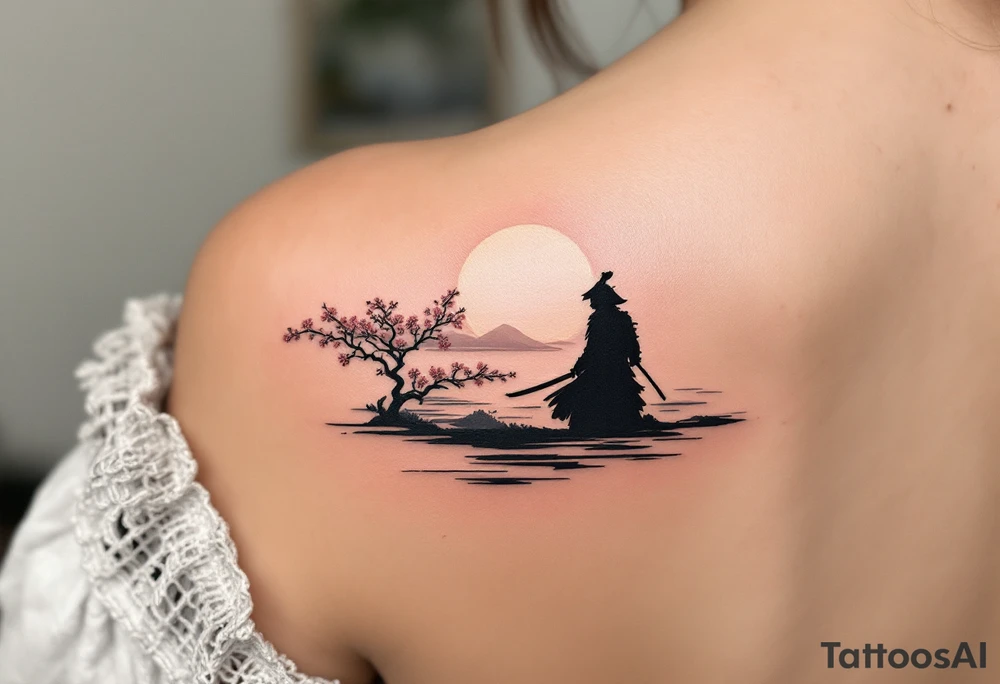 noble samurai warrior silhouette at sunset with cherry blossoms tattoo idea