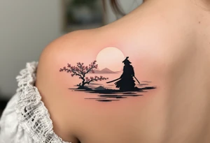 noble samurai warrior silhouette at sunset with cherry blossoms tattoo idea